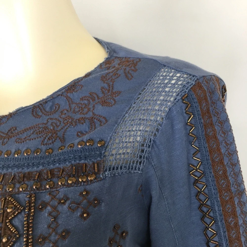 Sundance Boho Top Beaded Embroidered Blue Copper Long Sleeve Women’s Size Small